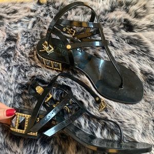 Valentino Thong Black Sandal Gems Gold